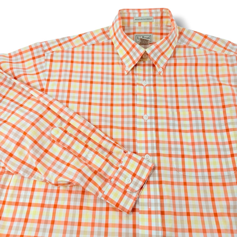 LL Bean Mens Medium Regular Orange Plaid Cotton Shirt Wrinkle Stain Resistant